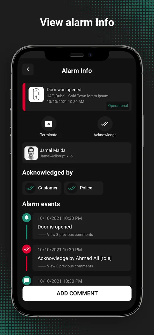 Defcon Patrols App Store screenshot: alarm information and events
