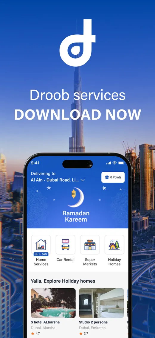Droob marketing artwork: app home with Home Services, Car Rental, Super Markets and Holiday Homes