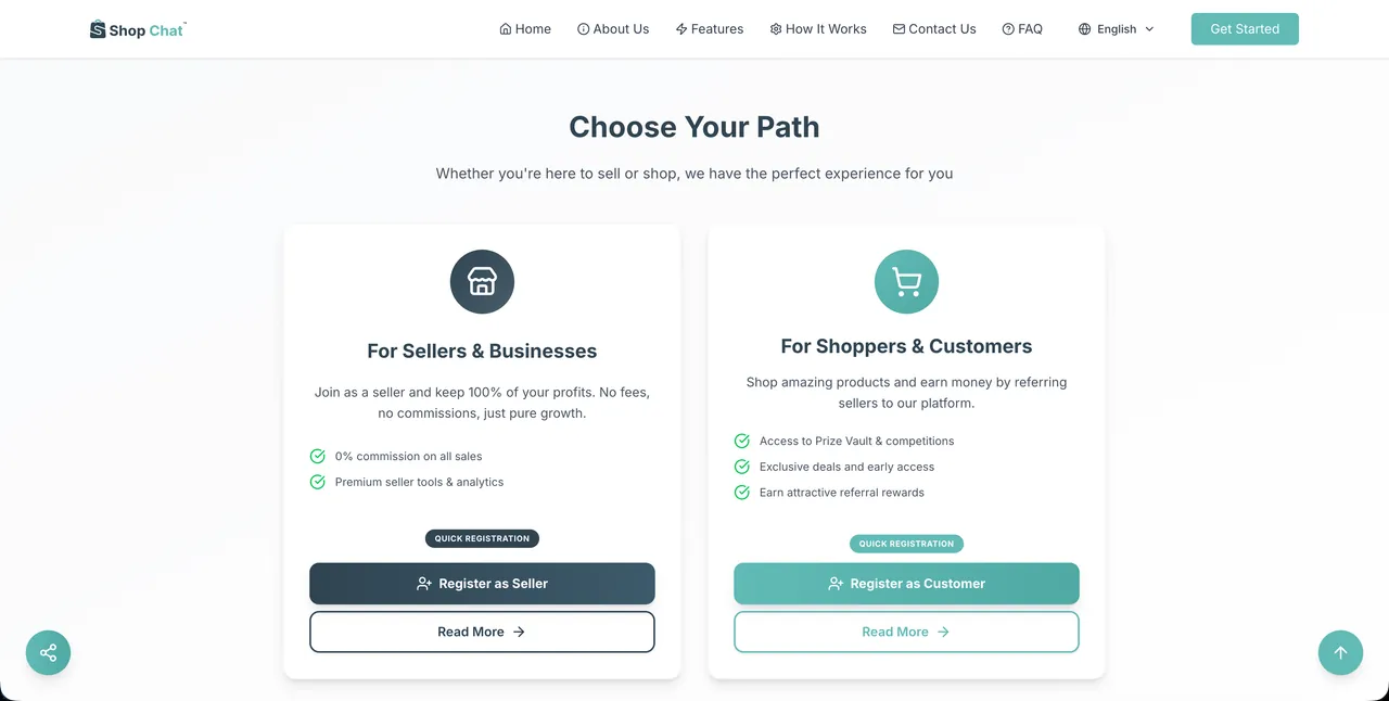 Choose Your Path section with seller and customer registration cards