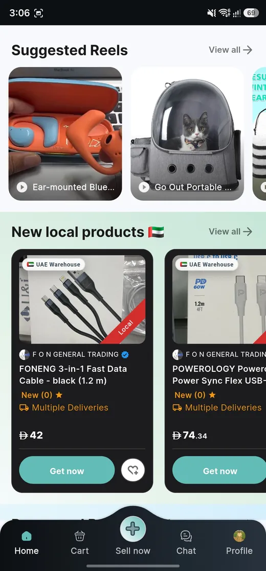 Suggested product reels and new local products from UAE warehouses