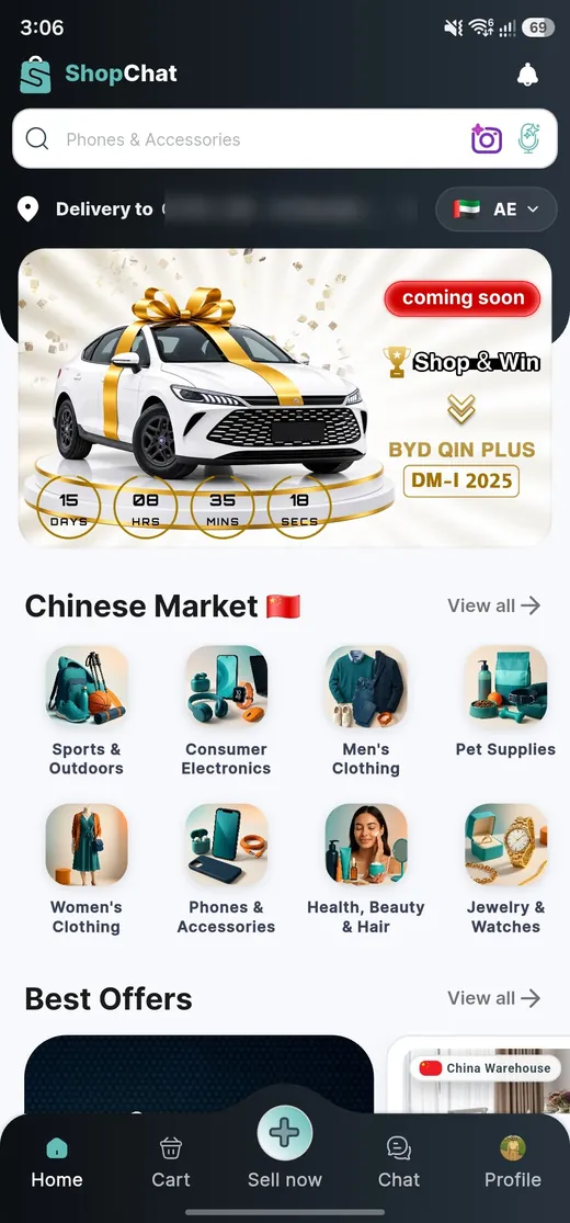 ShopChat home screen with search, delivery location, a promotional banner and category grid