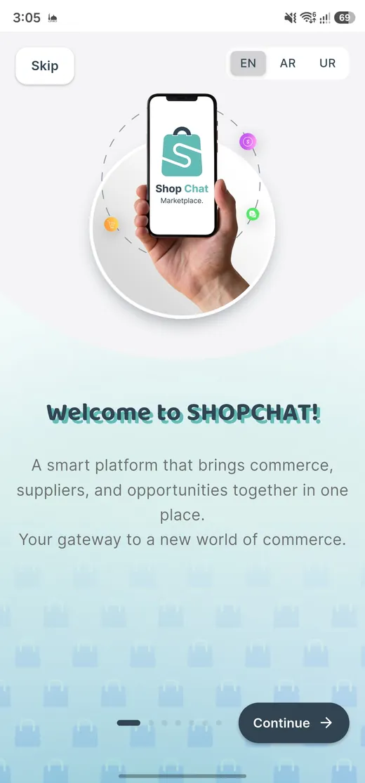 Onboarding welcome screen with English, Arabic and Urdu language options