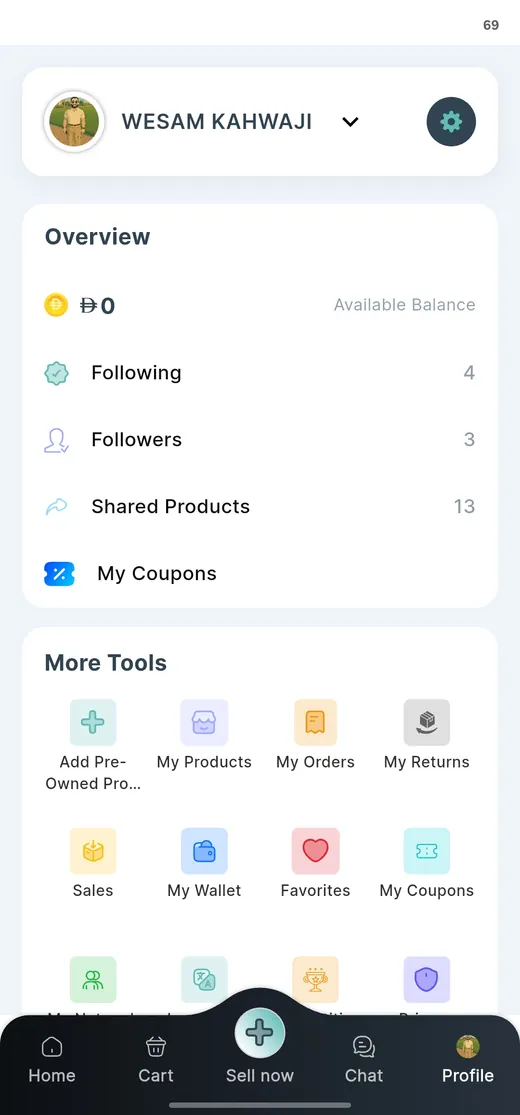 Profile overview with wallet balance and tools for products, orders, returns and sales
